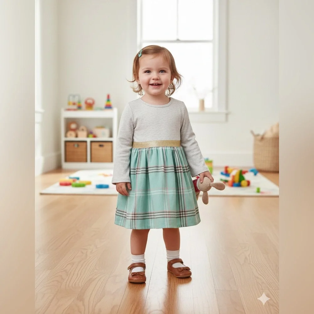 24M Carter's Plaid Green and Creme Toddler Jersey Plaid Dress